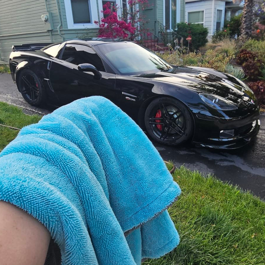 black car finished with wundergoods the horizon used as car drying towel
