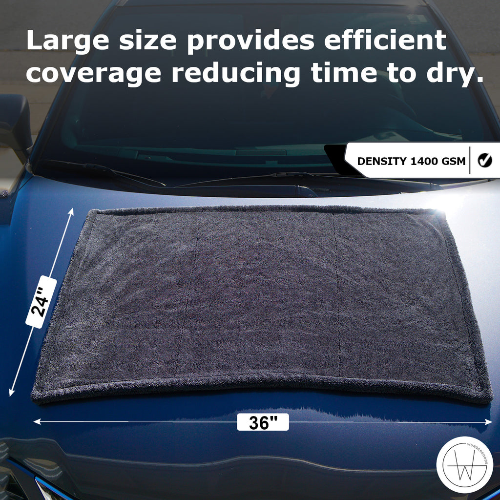 measuring 24"x36", extra-large premium gray microfiber towel for cars, glass, and mirrors, offering superior cleaning without scratching or leaving residue.