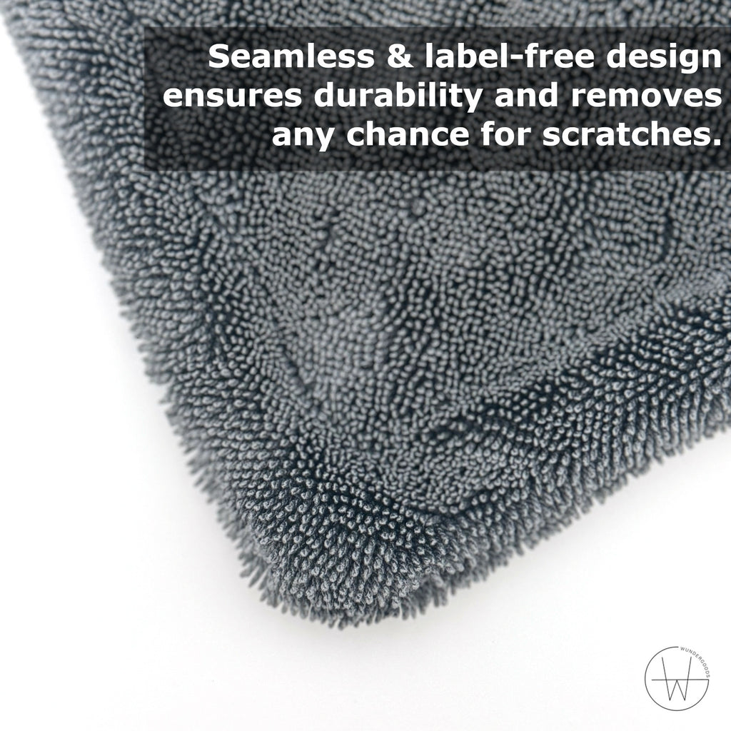 gray microfiber towel on white background. seamless & label-free design ensures durability and removes any chance for scratches.